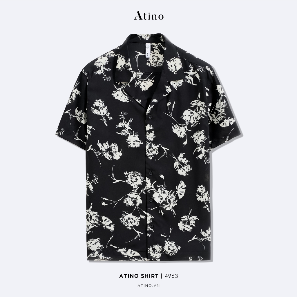 Áo sơ mi CUBAN SHIRT cộc tay nam  ATINO vải lụa họa tiết Rosie form regular SM.L.2.4963