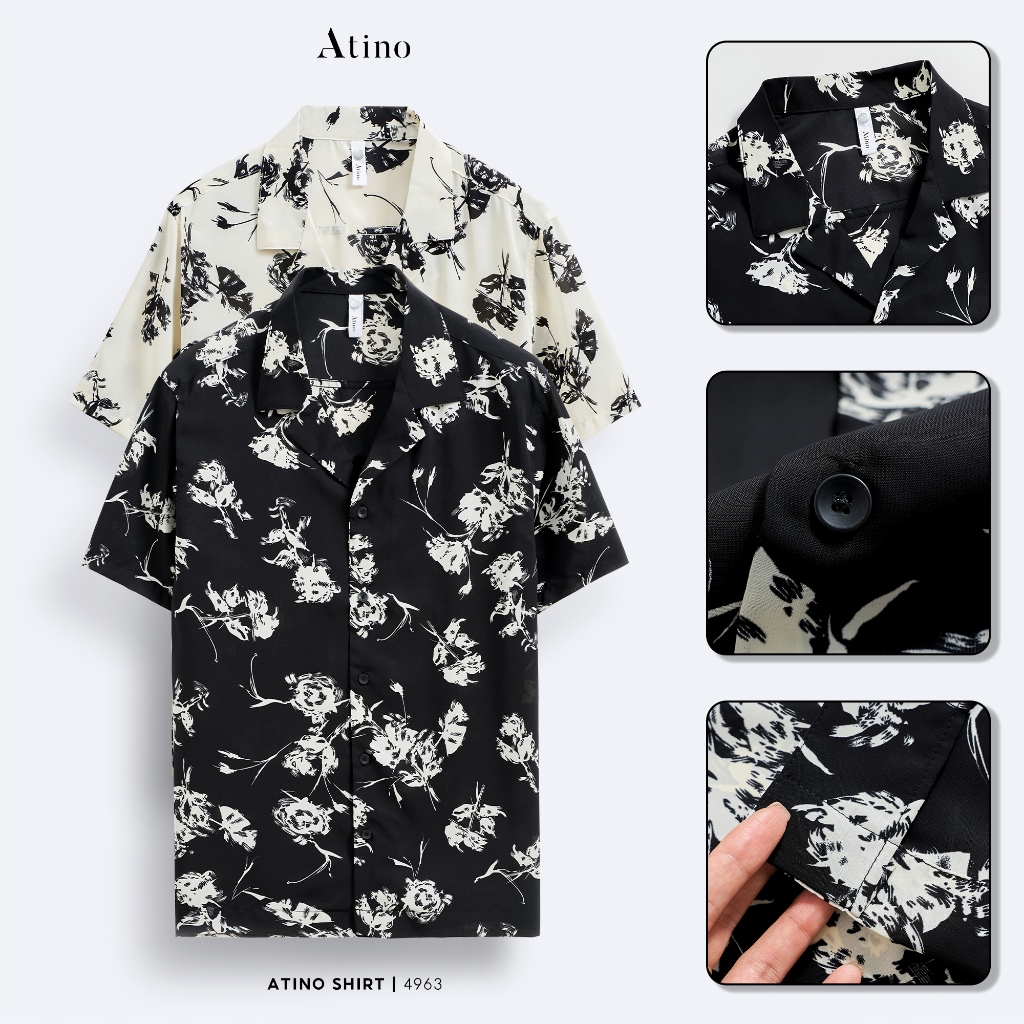 Áo sơ mi CUBAN SHIRT cộc tay nam  ATINO vải lụa họa tiết Rosie form regular SM.L.2.4963