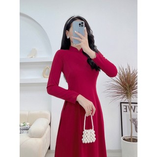 Áo dài trơn lụa Mỹ cao cấp màu đỏ đô cổ cao