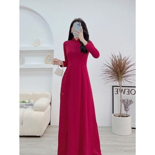 Áo dài trơn lụa Mỹ cao cấp màu đỏ đô cổ cao