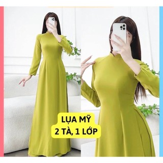 Áo dài lụa Mỹ ca cấp màu xanh cốm cổ cao 2 tà