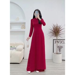 Áo dài trơn lụa Mỹ cao cấp màu đỏ đô cổ cao