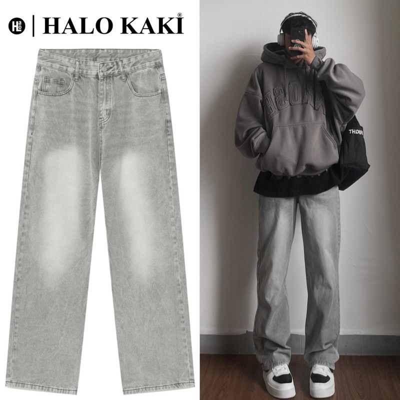 XÁM ÁNH KIM TRƠN/ RÁCH - Quần jeans wash ống rộng wide leg phủ gót chùm giày unisex quảng châu cao cấp HALO KAKI