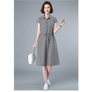 Đầm suông tay hến cổ sơ mi có dây thắt eo thiết kế kẻ caro da73