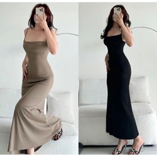 Đầm Body Hai Dây Chất Len Tăm Co Giãn, Đầm Len Tăm Dáng Dài Sang Trọng