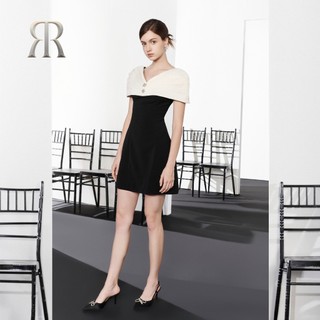 RẬP - Đầm Đen Cổ V phối Vai Trắng Đính Đá - HERITAGE 06