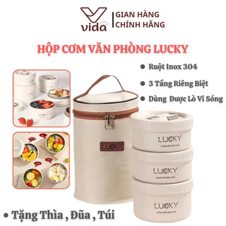 Hộp Cơm Văn Phòng, Hộp Cơm Giữ Nhiệt LUCKY Kèm Thìa Đũa Túi , Thiết Kế 3 Ngăn Riêng Biệt Kèm Ruột Inox 304 SP412325931
