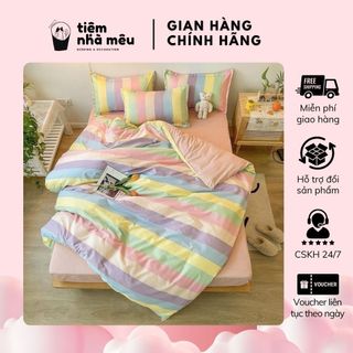 Bộ 4 Món Vỏ Chăn Ga Gối Cotton 3D 80% Hoạ Tiết Cầu Vông Tươi Tắn Mềm Mịn Fullsize Tiệm Nhà Mêu