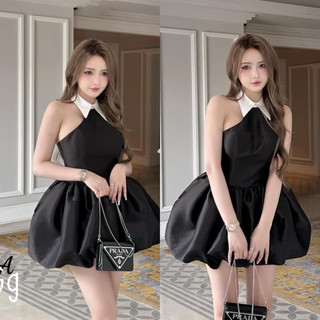 Đầm yếm đen cổ sơ mi chất tapta có mút ngực dáng ngắn xoè bí