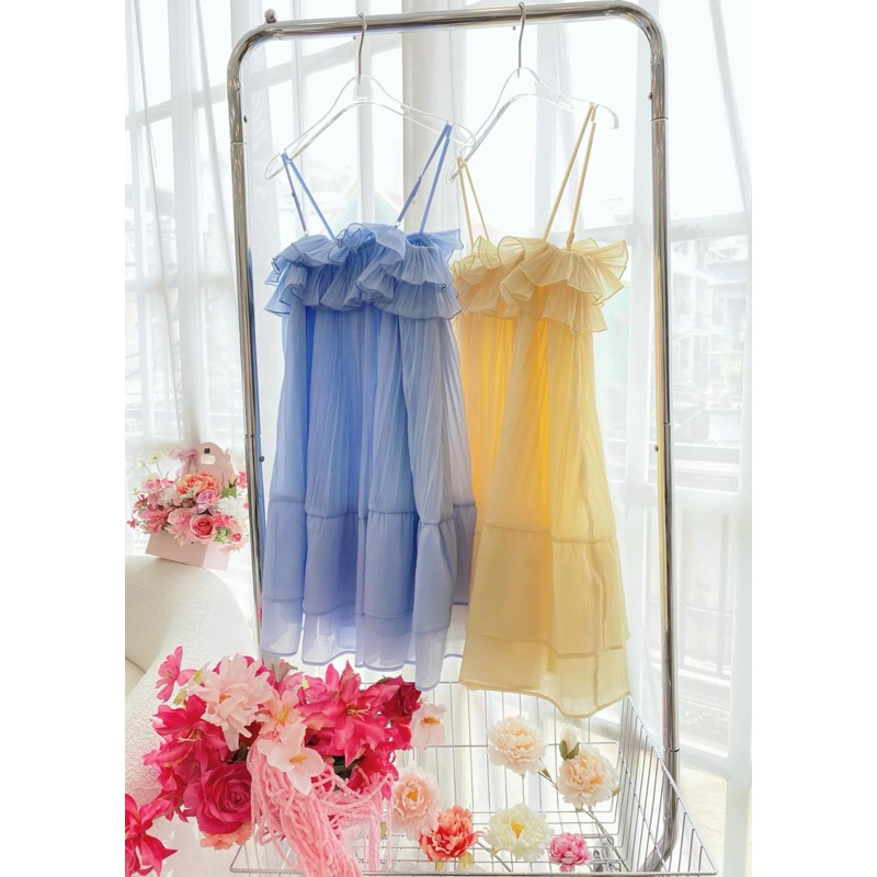 Đầm voan 2 dây xếp li