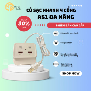 Củ sạc 4 cổng 2 USB 5,1A và 2 PD20W nhỏ gọn an toàn tiện lợi