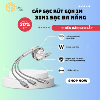 Dây sạc 3 đầu 1M cuộn tròn chống rối, Cáp sạc dây rút 3 trong 1 đa năng