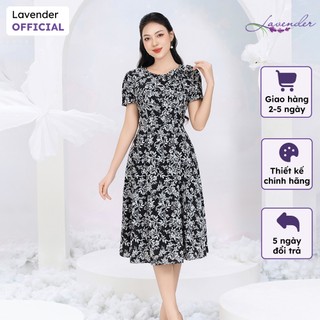 Đầm công sở thiết kế LAVENDER màu hoa nhí đen trắng cổ tết dây D3019
