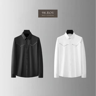  Áo sơ mi nam dài tay đính đá ngực chất vải lụa nến 