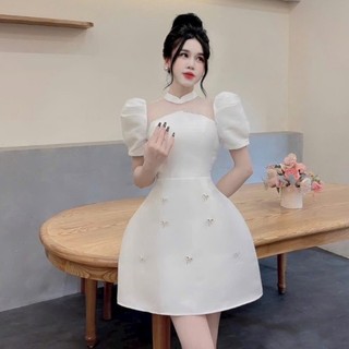 Váy đầm nữ thiết kế đi tiệc, đầm tapda tay phồng phối lưới đính phụ kiện cuo ngực sang chảnh dx