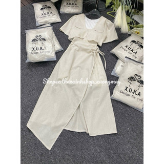 Set khoác crop linen + đầm midi 2 dây rút khoen eo