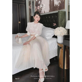  Set Váy Tiểu Thư Sang Chảnh MEDECHILL Áo Tơ Nhũ Phối Ren Bo Chun Chân Váy Xếp Ly Dáng Dài Kèm Dây Nơ Thanh Lịch S417 