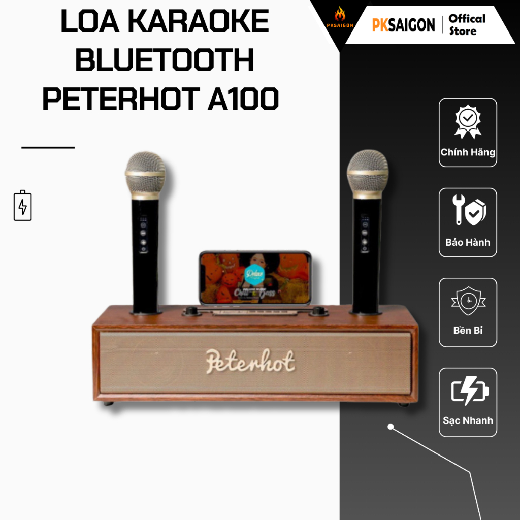 Loa Karaoke Bluetooth PETERHOT A100 cao cấp kèm 2 micro, công suất 20W bass trầm, thiết kế vỏ gỗ sang trọng PKSAIGON .