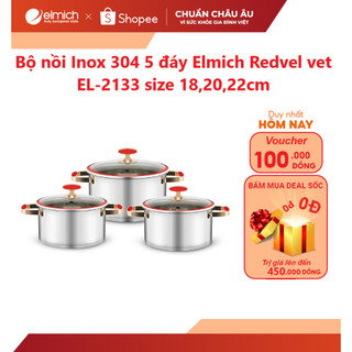 Bộ nồi inox 304 5 đáy elmich red velvet el-2133 size 18,20,22cm