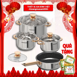 Bộ 4 nồi chảo inox 5 đáy, đáy từ SUNHOUSE SHG789