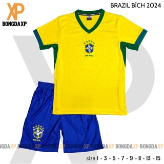 Áo Đá Bóng Trẻ Em Brazil Vàng, Đồ Đá Banh Trẻ Em Vải Thun Lạnh Cao Cấp