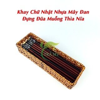 Khay Nhựa Mây Đan Chữ Nhật Dài Size Nhỏ (8 x 25) - Rổ Nhựa Đan Kiểu Mây Tre Đựng Đũa Muỗng Thìa Nĩa Dụng Cụ Bàn Ăn