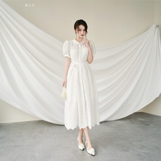 Váy nữ dự tiệc vải thô ren hoa vân nổi dáng dài Habi Dress H.I.U Fashion , đầm thiết kế sang trọng cao cấp HIU design