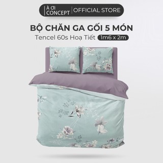 Bộ Chăn Ga Gối 5 Món Lụa Tencel Size 1m6x2m Nhiều Hoa Văn À Ơi Concept cao cấp Hàn Quốc Bedding