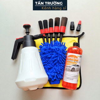  COMBO BÌNH TẠO BỌT TUYẾT 11 MÓN Rửa Xe  Bình 2L 2 đầu xịt Xà bông Super Foam 5 cây cọ găng san hô khăn 3M  