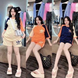 Set bộ thun quần đùi áo tay ngắn cổ tròn tay phối màu họa tiết + quần lưng thun có túi 3 màu kem, xanh, cam form 38-55kg