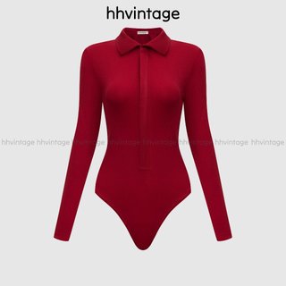 Áo bodysuite nữ polo dây kéo tay dài chất thun tăm lụa dày dặn ôm body I Hhvintage
