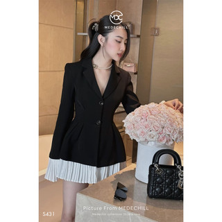 Set Áo Cổ Vest Thanh Lịch MEDECHILL Thiết Kế Dài Tay Phối Dập Ly Trắng, Quần Sooc Ngắn Ôm Eo Tôn Dáng S431