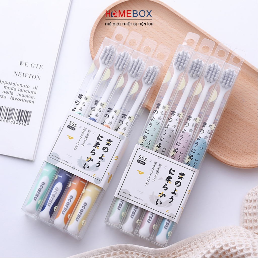 Bộ 4 bàn chải đánh răng Nhật lông tơ mềm mại, Bàn trải đánh răng Than tre hoạt…