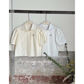 Sm9933 / sơmi cổ lá sen nhỏ thêu nơ dáng ngắn 50cm