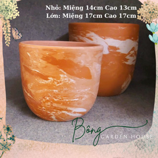 Chậu trồng cây, Chậu đất nung trứng cam đỏ kem sữa Bông Garden trồng cây cảnh, sen đá, xương rồng Miệng 14cm và 17cm