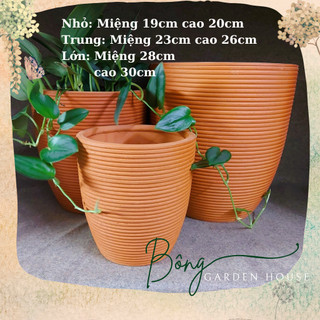 Chậu trồng cây, Chậu đất nung bầu cao kẻ sọc size lớn Bông Garden trồng cây cảnh các loại