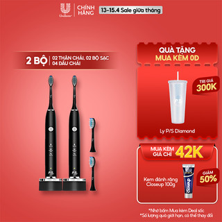 Combo 2 Bộ bàn Chải Điện P/S S100 PRO - Công Nghệ Sóng Âm, Chải Sạch Mảng Bám Tới 10X - Đen Nhám
