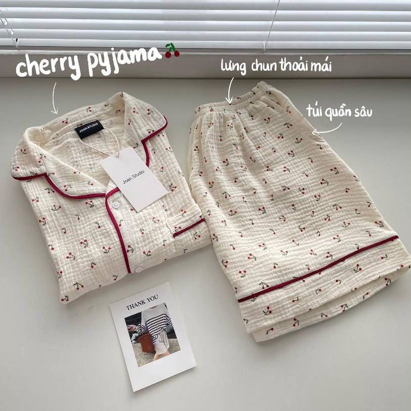 Đồ Ngủ Nữ ngắn tay và dài tay - Đồ Mặc Ở Nhà chất liệu Xô Muslin HOA NHÍ CHERRY cao cấp - MUSLIN PJ