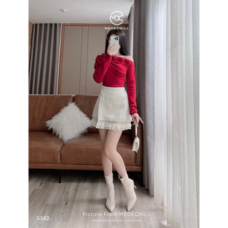 Set Áo Lệch Vai Gắn Hoa Tiểu Thư MEDECHILL Chân Váy Đính Đá Phối Ren Bèo Tạo Điểm Nhấn Thiết Kế Chuẩn Form Tôn Dáng S542