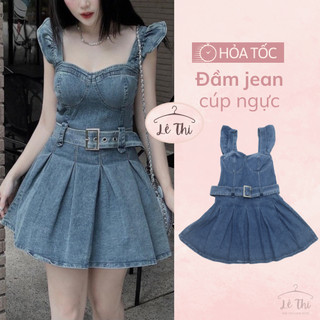 Đầm jean thiết kế cúp ngực 2 dây cánh tiên, váy jean ôm body dáng xòe kèm nịt, đầm váy dự tiệc sang trọng