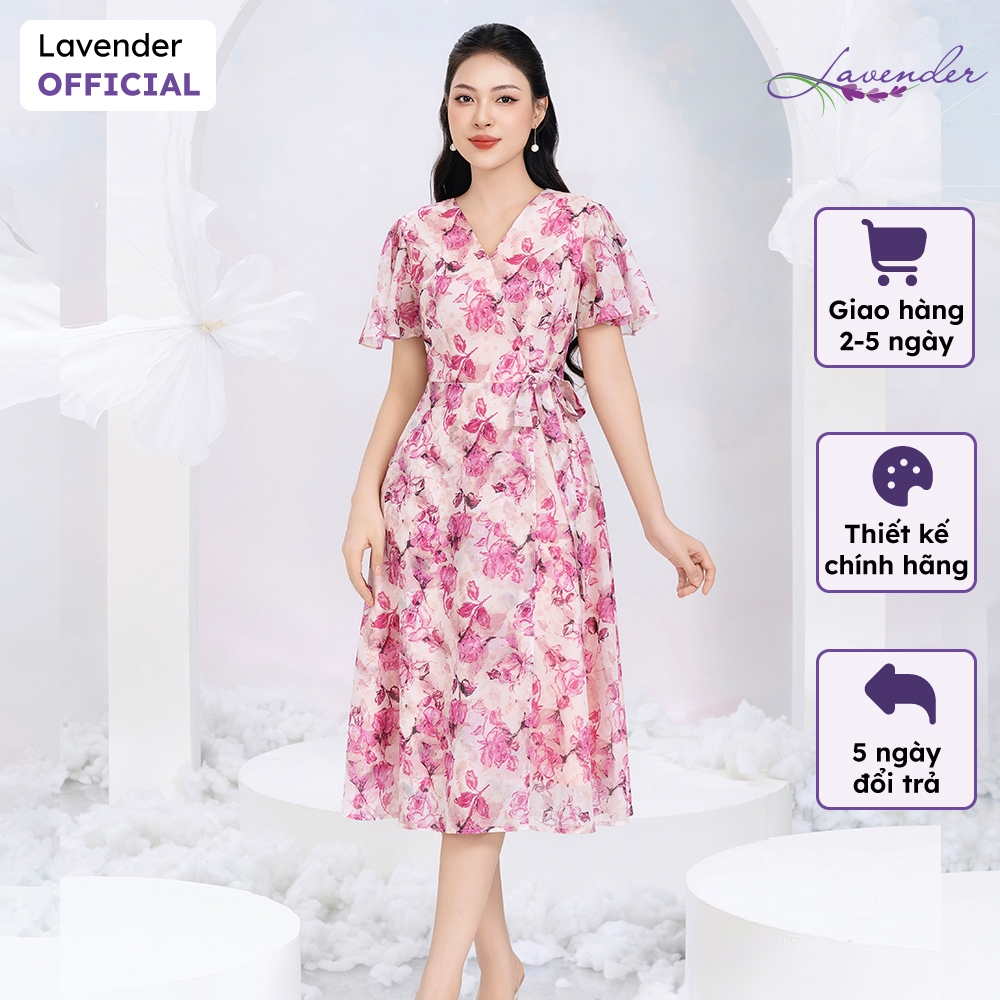 Đầm công sở thiết kế LAVENDER hoa hồng nẹp chéo tà bong eo thắt nơ D3022