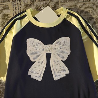 Thời trang tay ngắn áo phông nữ in hinh NBOT nữ yellow and blue in hinh bow tie local brand 100% cotton-Y0892