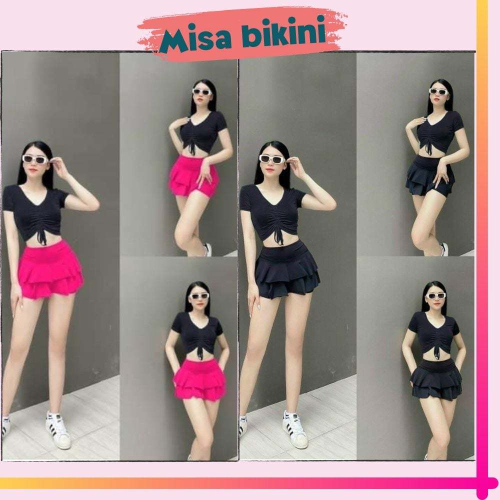 Đồ bơi nữ kín đáo bikini đi biển 2 mảnh bộ đồ bơi áo rút dây váy xòe 2 tầng cạp cao che bụng Ms07