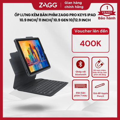 [iPad Pro 11 M4 2024/11 inch ( 1st, 2nd, 3rd, 4th gen)] Ốp lưng kèm bàn phím ZAGG Pro Keys Chống sốc 2m có bàn di chuột