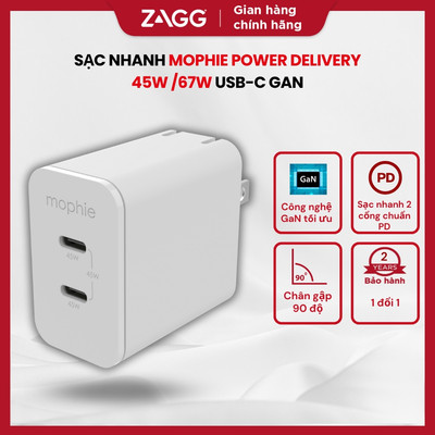 Sạc nhanh Mophie Power Delivery 40W/45W công nghệ GaN, chân gập, 2 cổng thích hợp dành cho iPhone/Samsung/Android