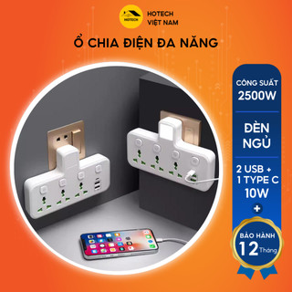 Ổ cắm chia điện đa năng 2500W Hotech chống cháy chống giật an toàn có Usb - Type C 10W và đèn ngủ tiện lợi OD16H