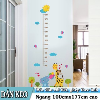 Decal trang trí tường - Thước đo hươu khỉ và voi