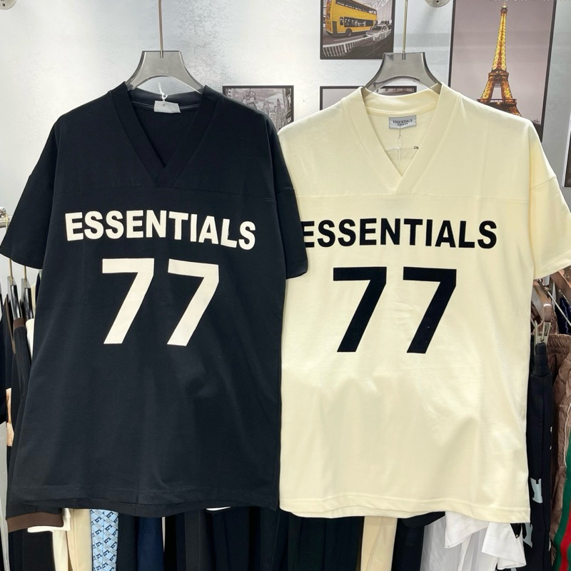 Áo phông nam nữ Premium Cotton cổ tim in chữ Essentials 77 nhung nổi ngực dáng đơn giản basic AP451P