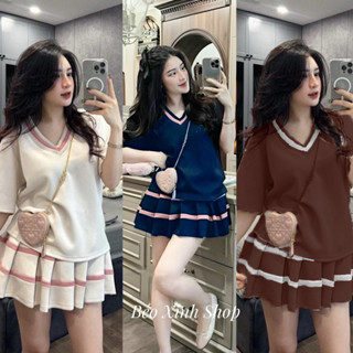 Bộ Áo Chân Váy Viền Sọc Cổ Tim Vải Thun Tăm Nữ 45 - 95kg Có Bigsize - A.1324