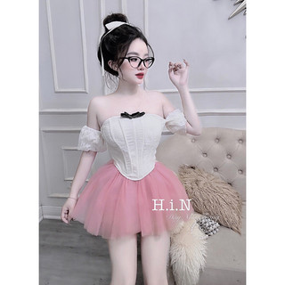 Seta nữ (Áo + chân váy ) Áo ren trễ vai quây đính nơ + Chân váy tơ xoè ngắn cực xinh